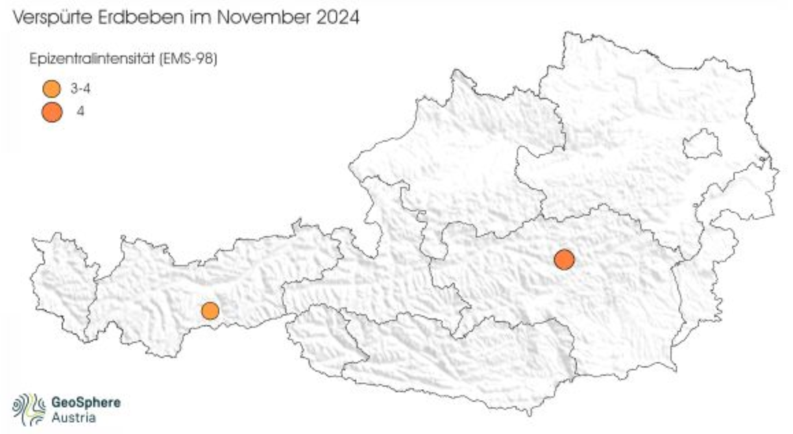 Austria map with earthquake localities (using coloured circles with different diameters)